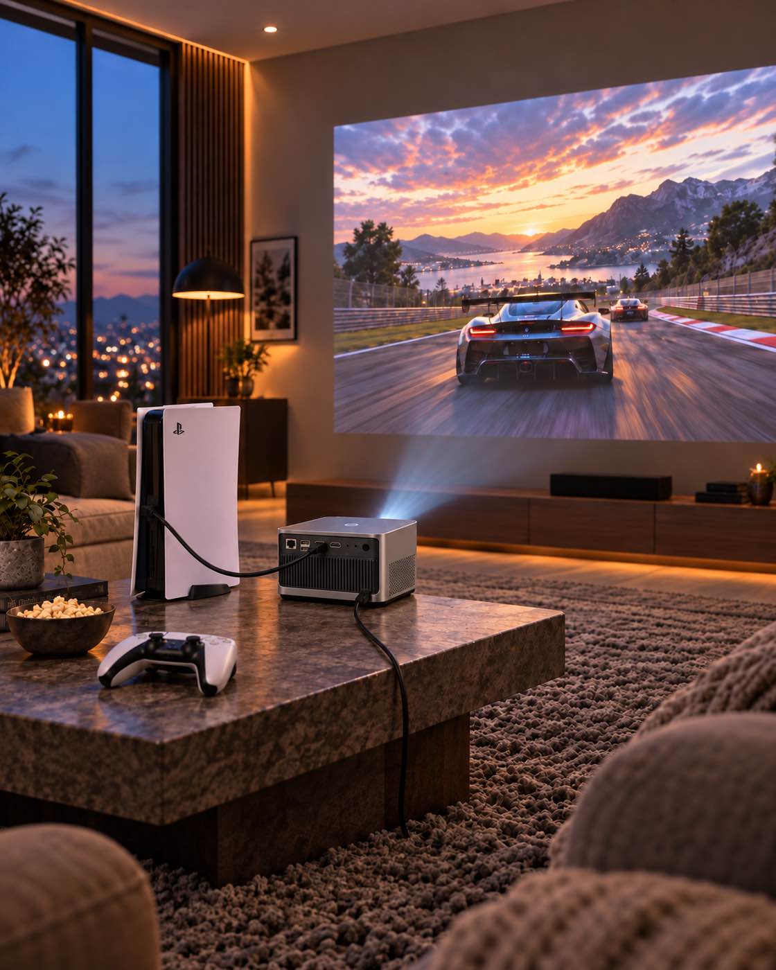 Grand Cinema — console reliée en HDMI et projection d’un jeu de course