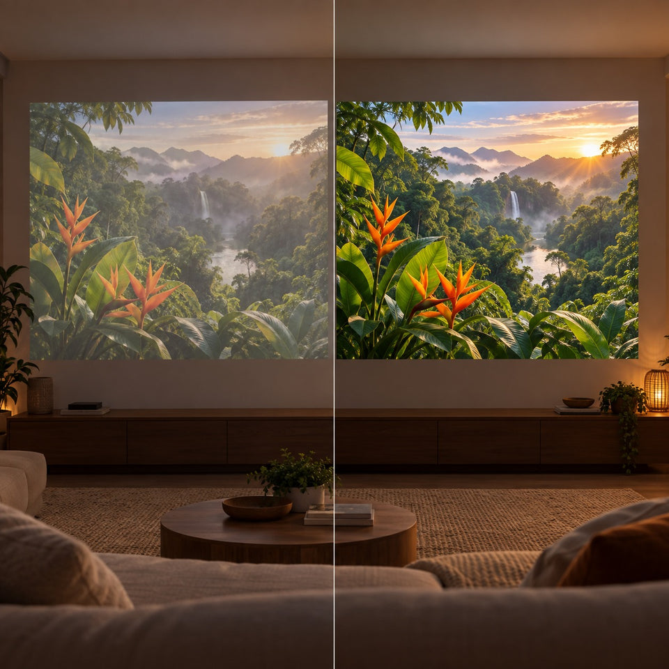 Projektor Projektorland Panorama – 900 ANSI-lumen, Full HD 1080p, Android TV 11, autofokus och 200° stativ