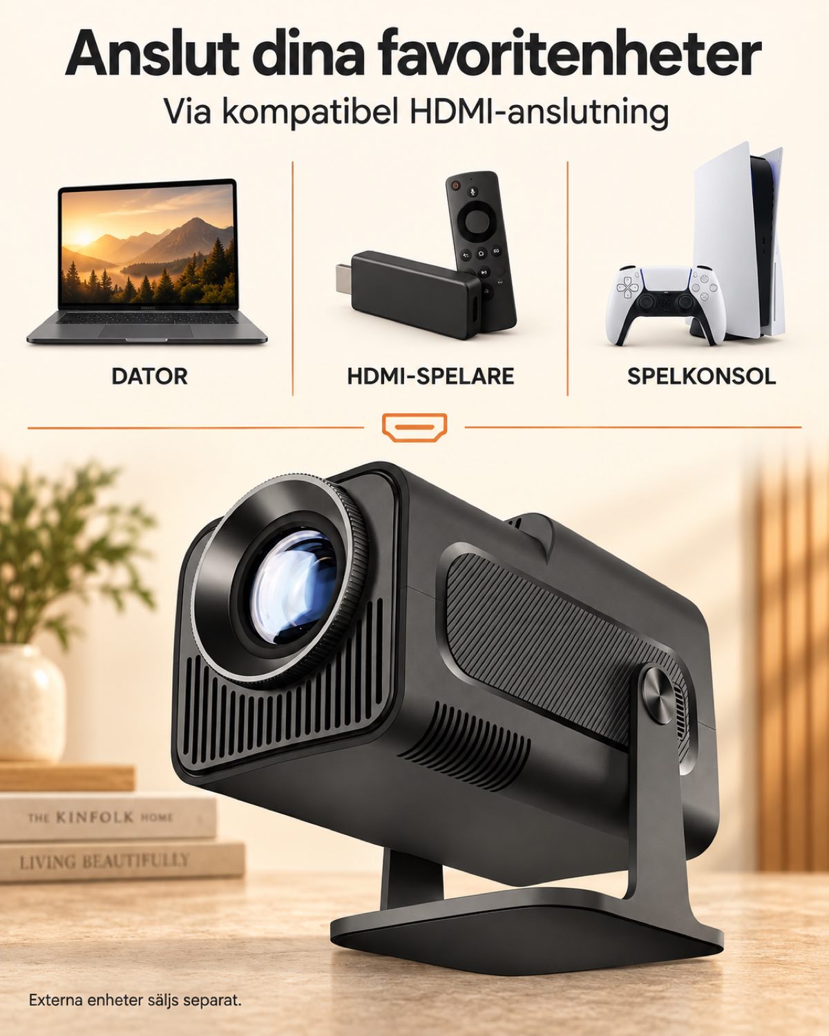Miniprojektor Nomad Mini – 300 ANSI-lumen, HD 720p, Android 11, Wi-Fi 6, Bluetooth och 180° rotation