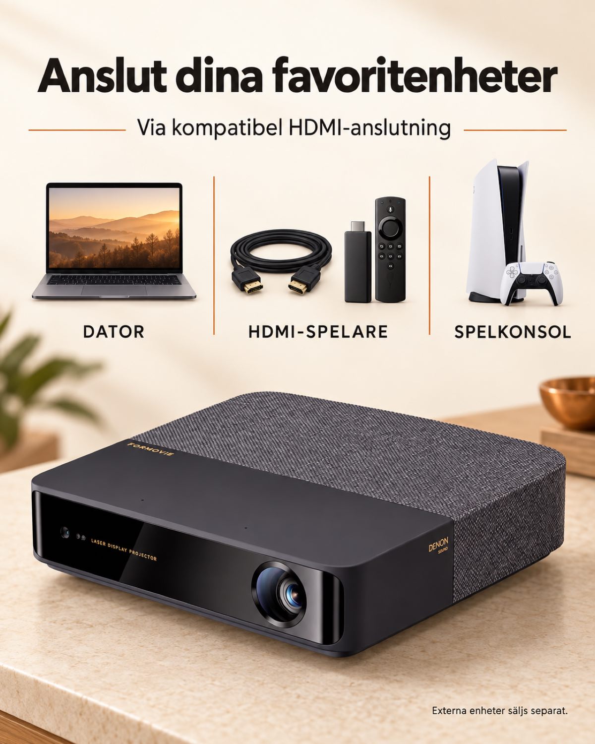 Laserprojektor Aura Laser – 1100 ANSI-lumen, Full HD 1080p, ALPD, DLP, autofokus och 2 × 5 W ljud