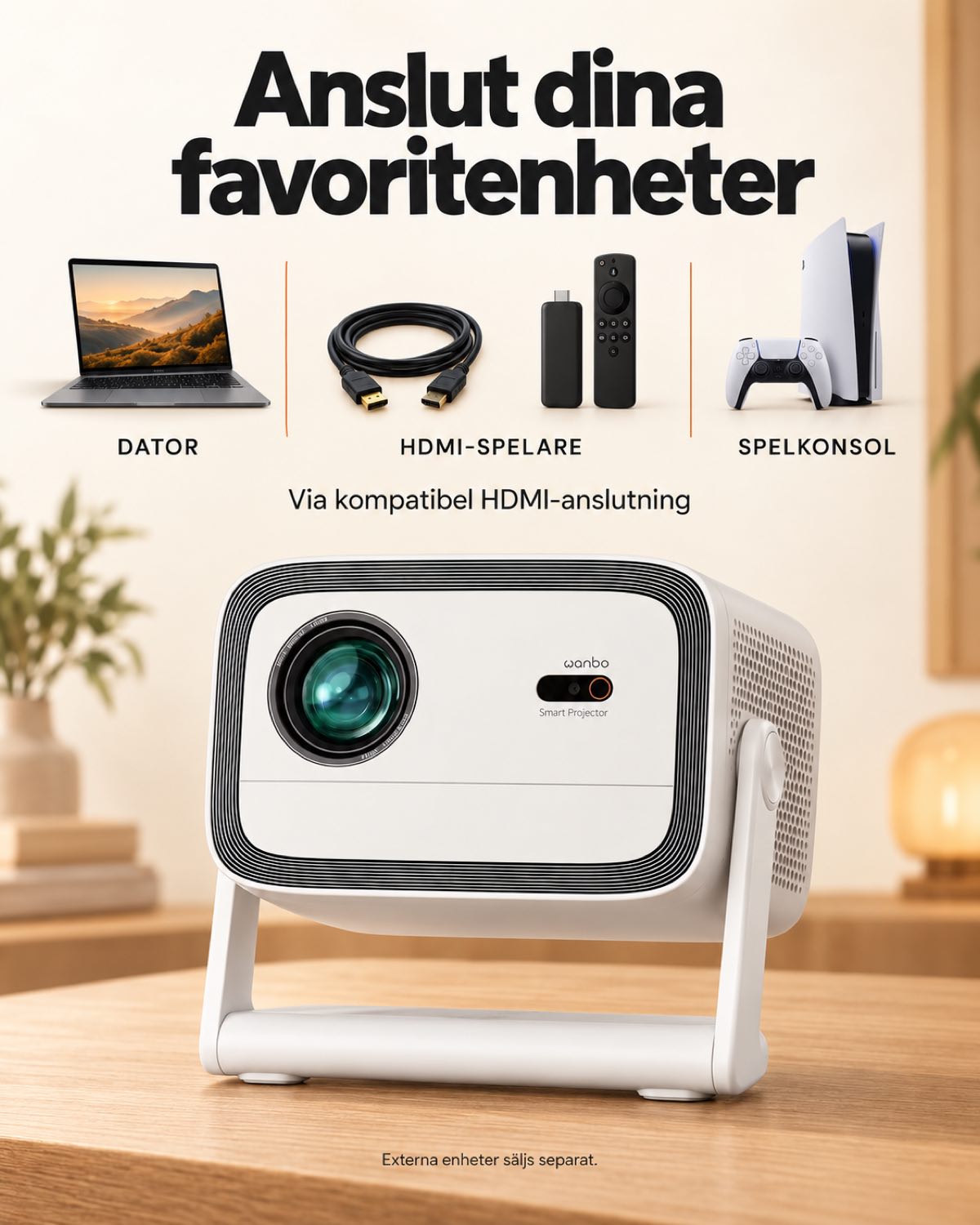 Projektor Projektorland Panorama – 900 ANSI-lumen, Full HD 1080p, Android TV 11, autofokus och 200° stativ