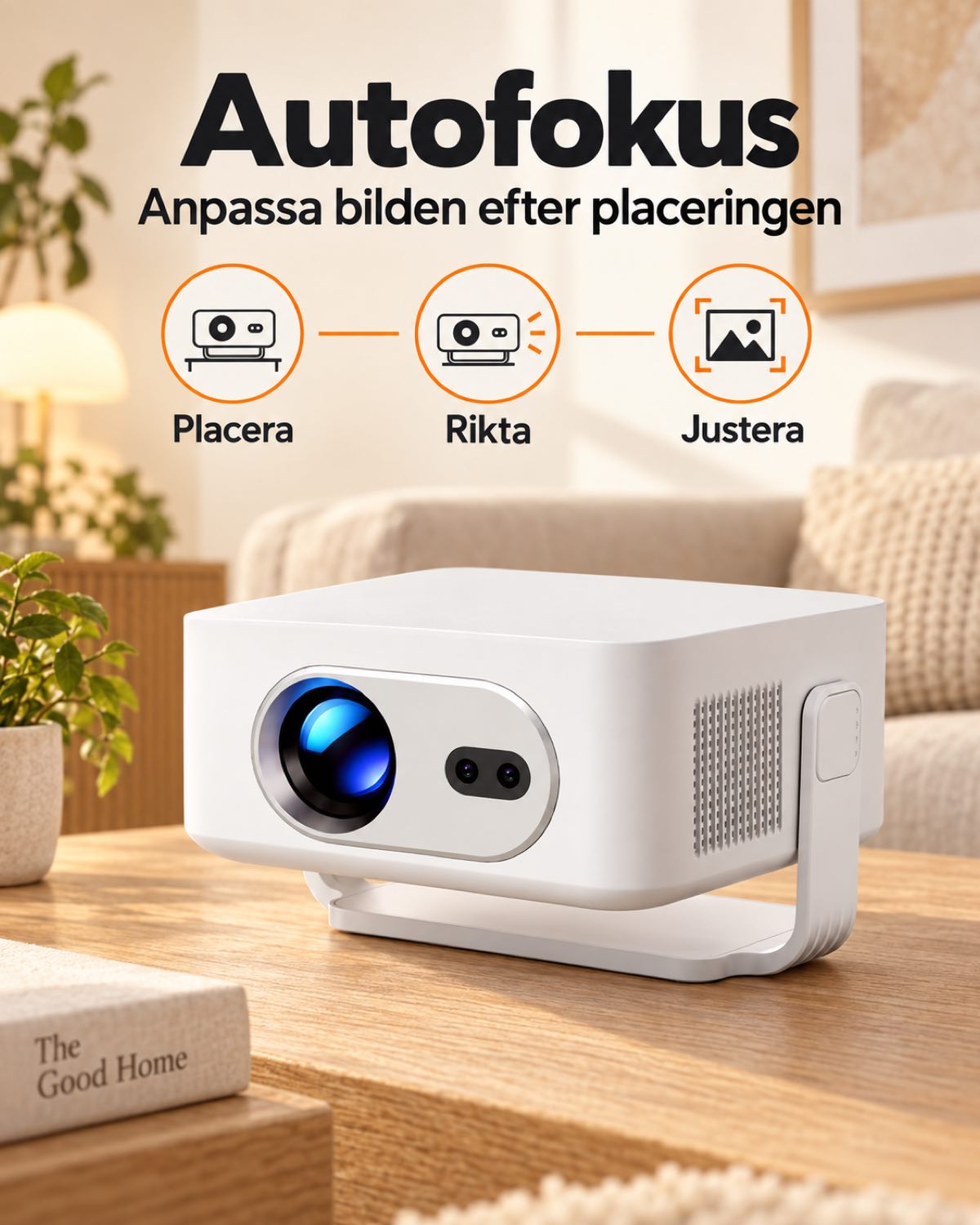 Miniprojektor Projektorland Vista Max – 260 ANSI-lumen, HD 720p, autofokus, Android 14 och Wi-Fi 6