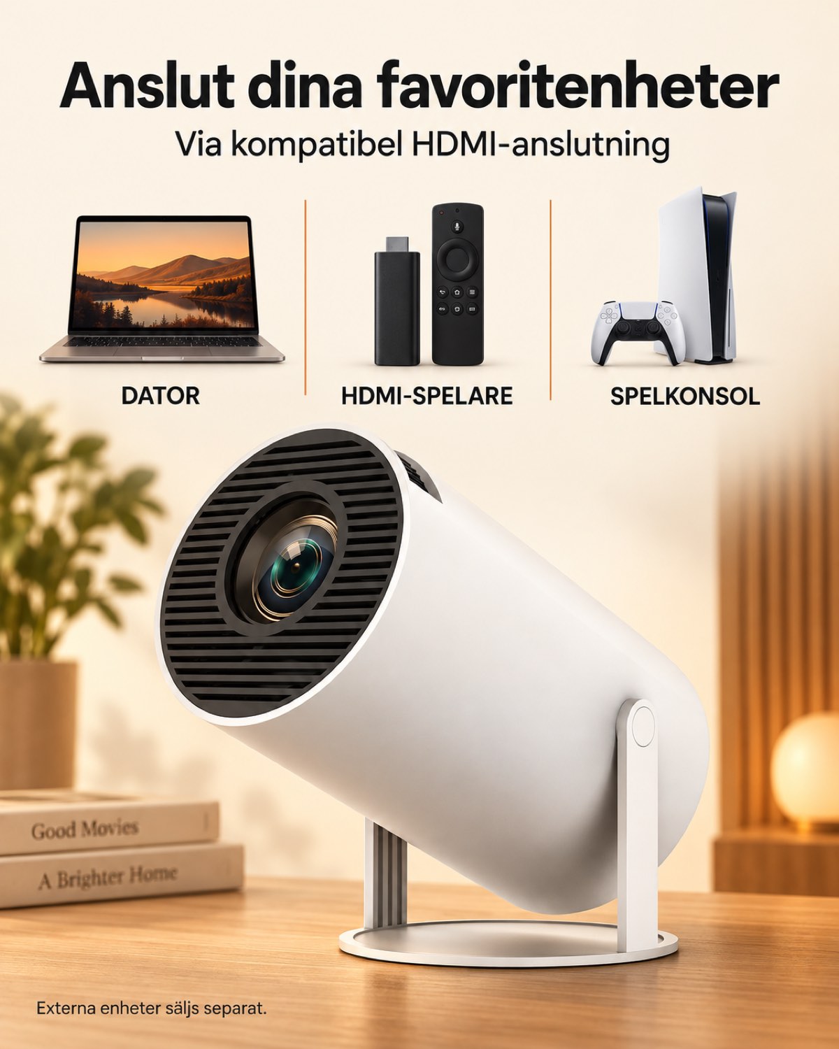 Miniprojektor Projektorland Luma Compact – 200 ANSI-lumen, HD 720p, Android 14, Wi-Fi 6 och 5 W högtalare