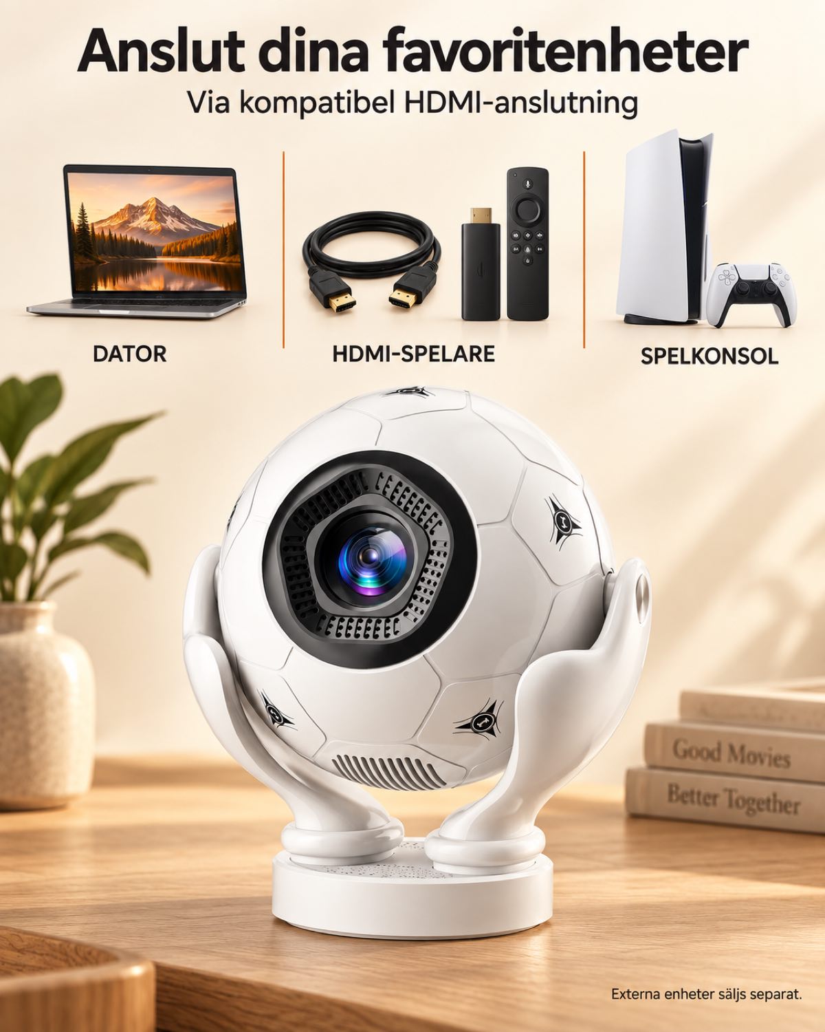 Miniprojektor Projektorland Orbit Pro – 500 ANSI-lumen, Full HD 1080p, elektronisk fokus, Android 14 och Wi-Fi 6